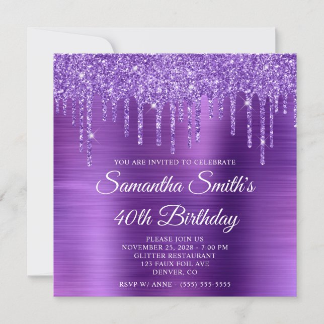 Amethyst Glitzer Tropfen und Foil 40. Geburtstag Einladung (Vorderseite)