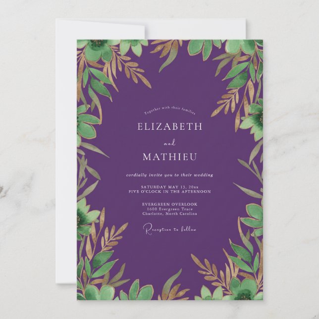 Amethyst-Gold-Laub-Eukalyptus-Hochzeit Einladung (Vorderseite)