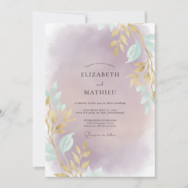 Amethyst-Goldblatt-Hochzeit Einladung (Vorderseite)