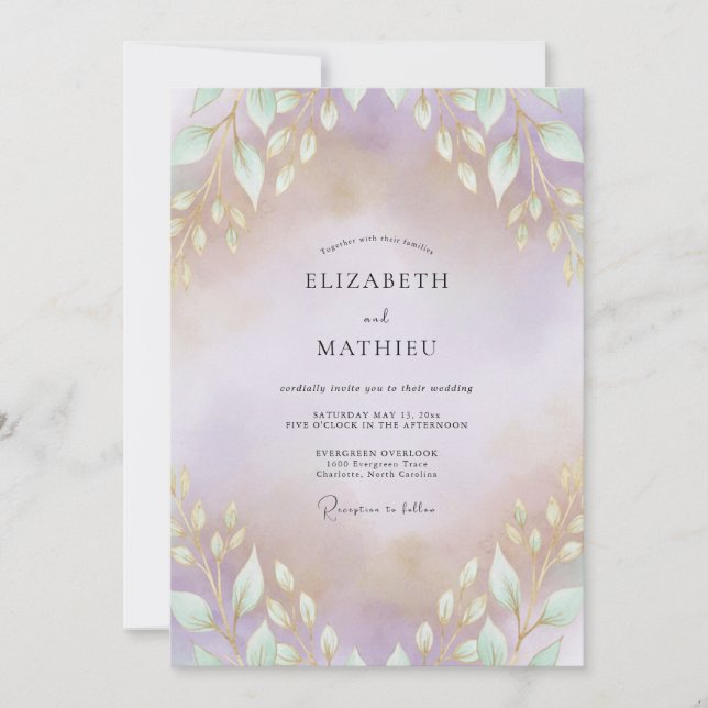 Amethyst-Goldene Hochzeit mit Blättern Einladung (Vorderseite)