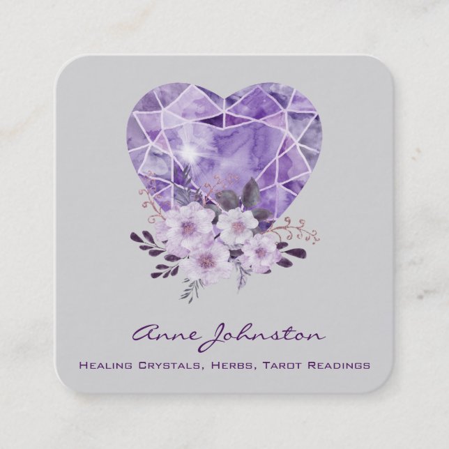 Amethyst Heart and Blume Square Business Card Quadratische Visitenkarte (Vorderseite)