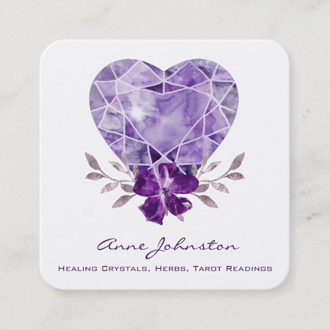 Amethyst Heart Floral Square Business Card Quadratische Visitenkarte (Vorderseite)