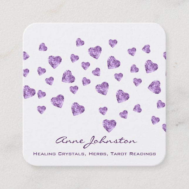 Amethyst Hearts Square Business Card Quadratische Visitenkarte (Vorderseite)