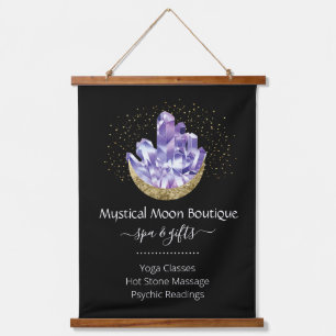 Amethyst Kristallcluster Gold Halbmond Mystiker Wandteppich Mit Holzrahmen