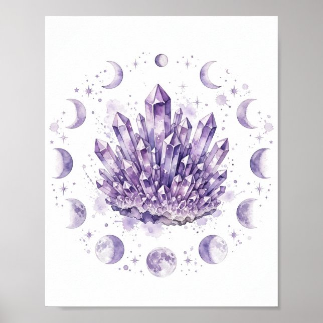 Amethyst-Kristallcluster-Mondphasen-Design Poster (Vorne)