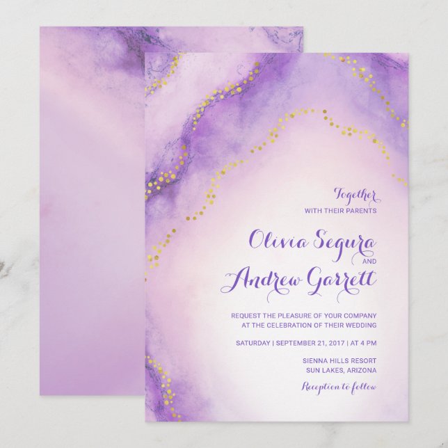 Amethyst laden Achat-Aquarell gemalte Hochzeit ein Einladung (Vorne/Hinten)