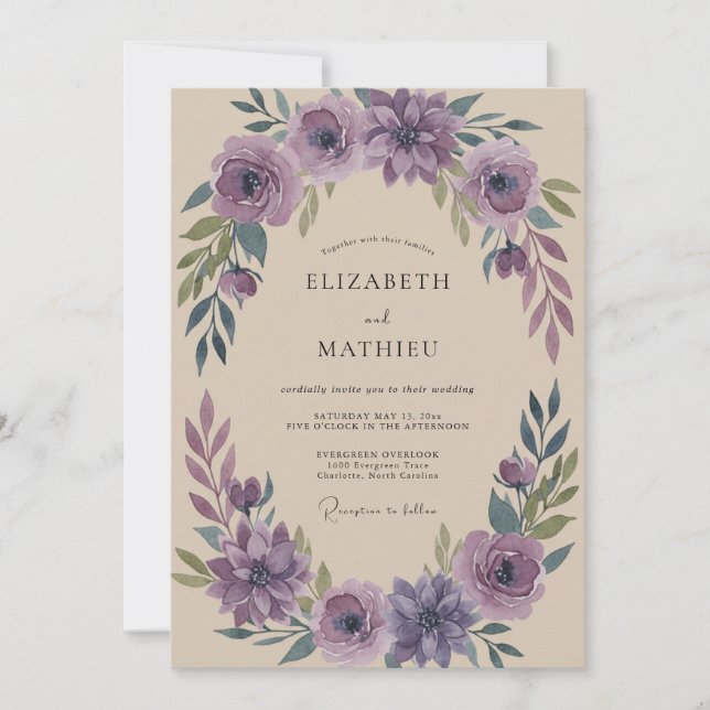 Amethyst-Laub-Eukalyptus-Hochzeit Einladung (Vorderseite)