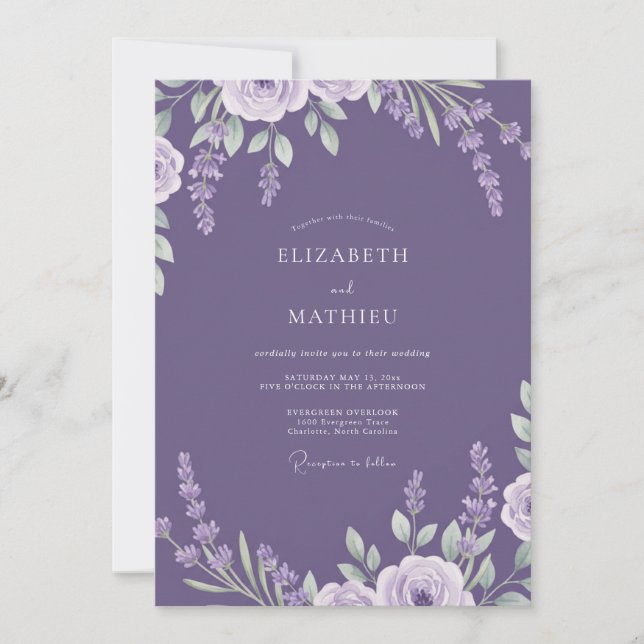 Amethyst-Lavendel-Blumenhochzeit Einladung (Vorderseite)