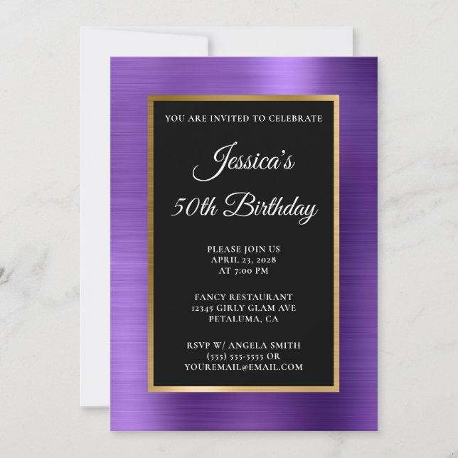 Amethyst Lila Goldfoil Schwarz 50. Geburtstag Einladung (Vorderseite)