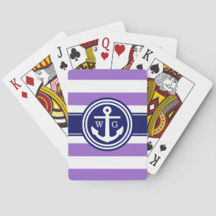 Amethyst Lila Navy Preppy Strip Anchor Monogram Spielkarten