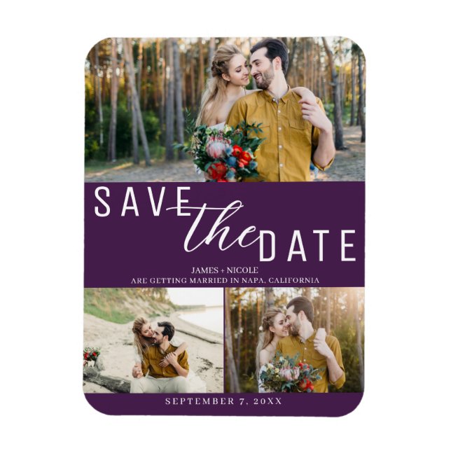 Amethyst Lila Save the Date Hochzeit 3 Fotos Magnet (Vertikal)