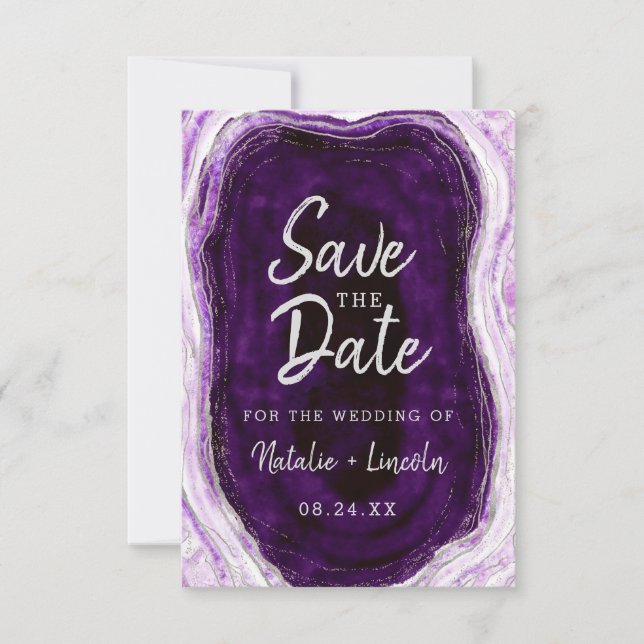Amethyst Lila & Silver Geode Agate Marble Moderne Save The Date (Vorderseite)