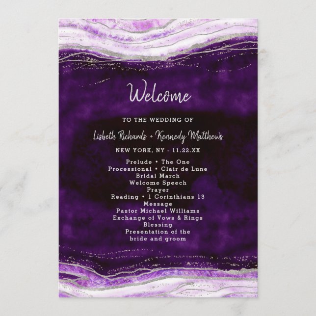 Amethyst Lila & Silver Geode Hochzeitfeier Programm (Vorderseite)