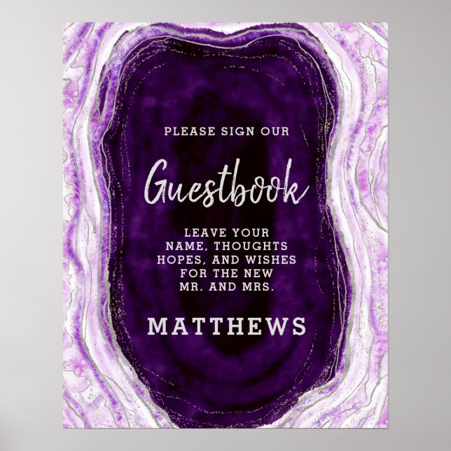 Amethyst Lila & Silver Geode Rock Guestbook Sign Poster (Vorne)