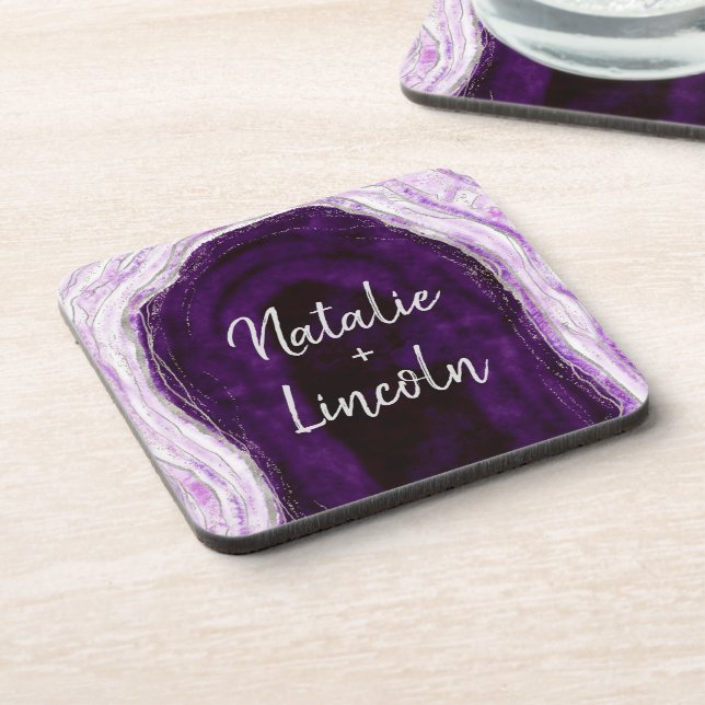 Amethyst Lila & Silver Geode Wedding Monogram Getränkeuntersetzer (Linke Seite)