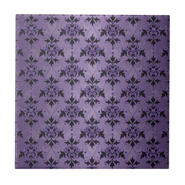 Amethyst Lila und Black Damask Fliese (Vorderseite)