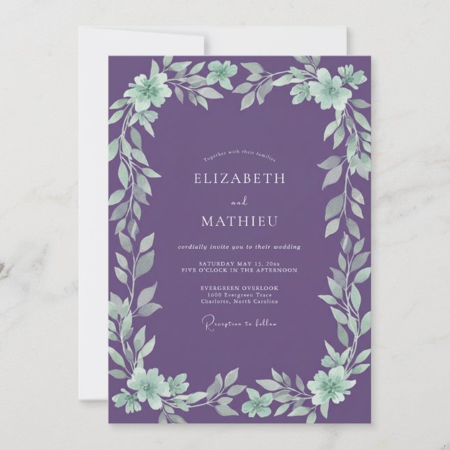 Amethyst-Mint-Laub-Eukalyptus-Hochzeit Einladung (Vorderseite)