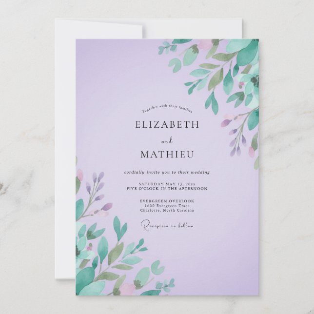 Amethyst-Minz-Blatt-Hochzeit Einladung (Vorderseite)