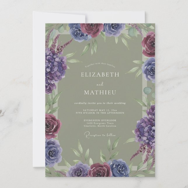 Amethyst-Oliv-gemalte Hochzeit Einladung (Vorderseite)