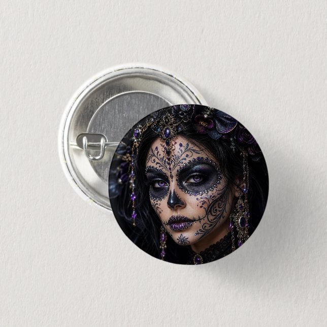 Amethyst Orchid Calavera – Gothic Sugar Skull Button (Vorne & Hinten)