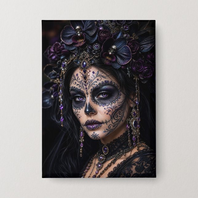Amethyst-Orchidee Calavera – Gothic Zucker-Schädel Button (Vorderseite)