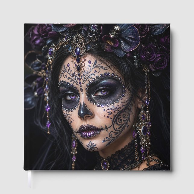 Amethyst-Orchidee Calavera – Gothic Zucker-Schädel Gästebuch (Vorderseite)