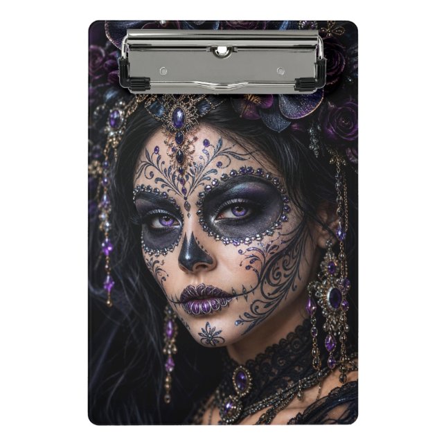 Amethyst-Orchidee Calavera – Gothic Zucker-Schädel Mini Klemmbrett (Vorderseite)