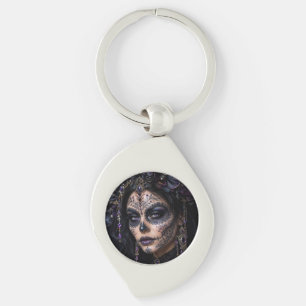 Amethyst-Orchidee Calavera – Gothic Zucker-Schädel Schlüsselanhänger