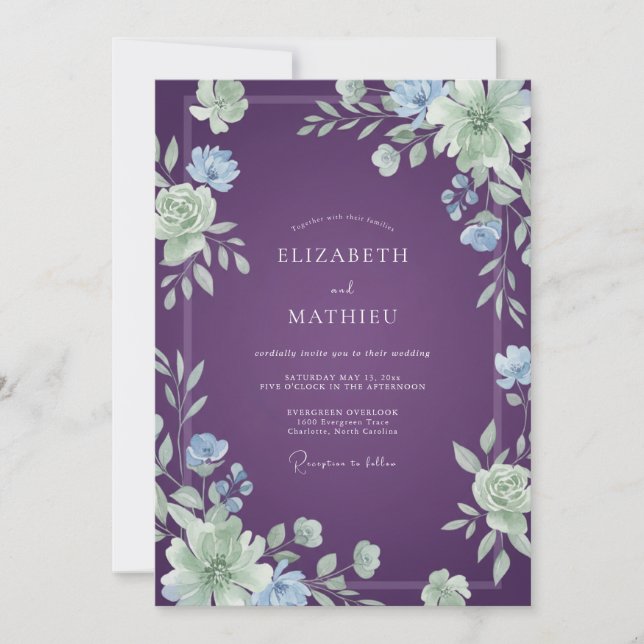 Amethyst Periwinkle Blütenhochzeit Einladung (Vorderseite)