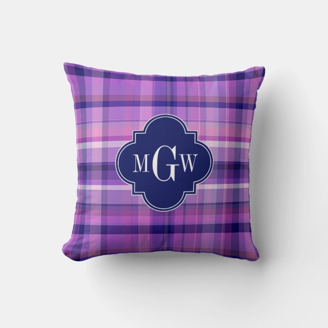 Amethyst Pink Navy Welpe Madras Monogram Kissen (Vorderseite)