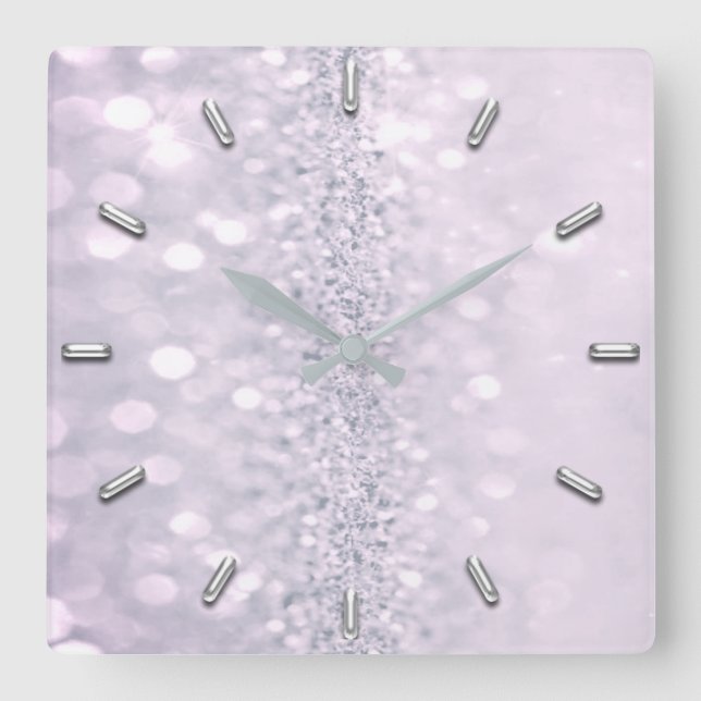Amethyst Plum Glitzer Graumetall Abstrakt Lavendel Quadratische Wanduhr (Vorderseite)