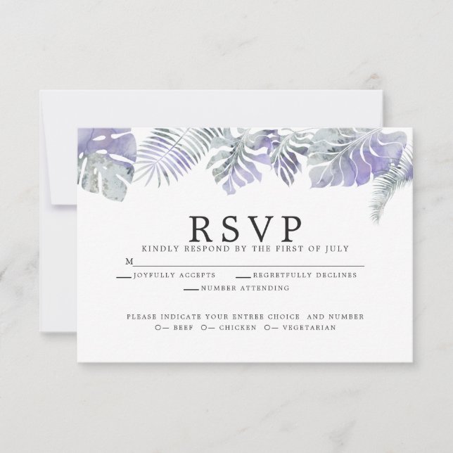 Amethyst Plum Watercolor Tropical Blätter RSVP Karte (Vorderseite)