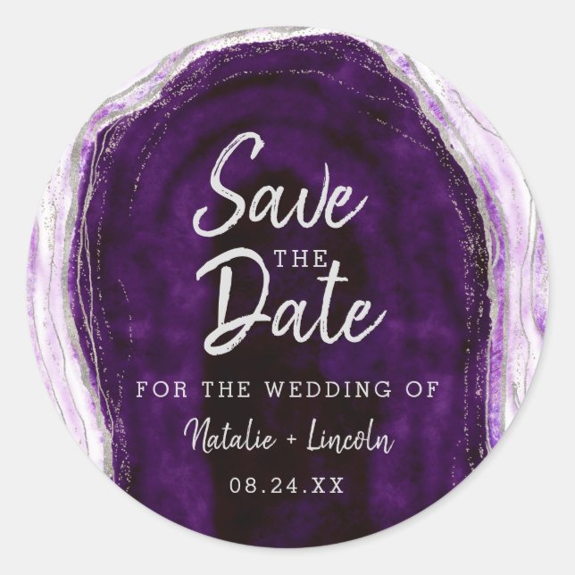 Amethyst Purpur & Silber Geode Achat Save-the-Date Runder Aufkleber (Vorderseite)