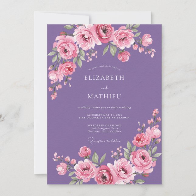 Amethyst-Rosa-Aquarell-Blumenhochzeit Einladung (Vorderseite)