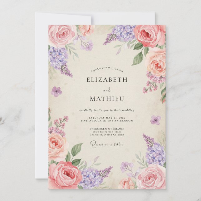 Amethyst-Rosa-Blütenhochzeit Einladung (Vorderseite)