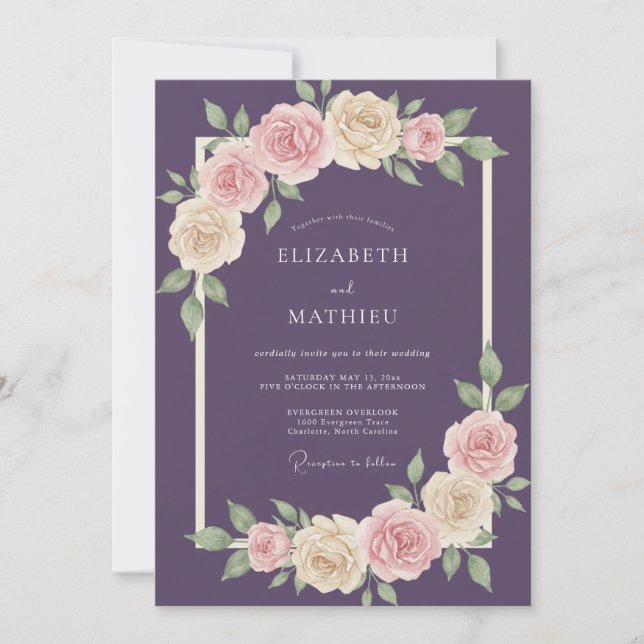 Amethyst-Rosen-Blatt-Hochzeit Einladung (Vorderseite)