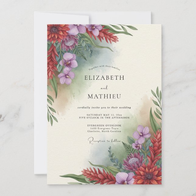 Amethyst-Rost-Wildblumen-Hochzeit Einladung (Vorderseite)