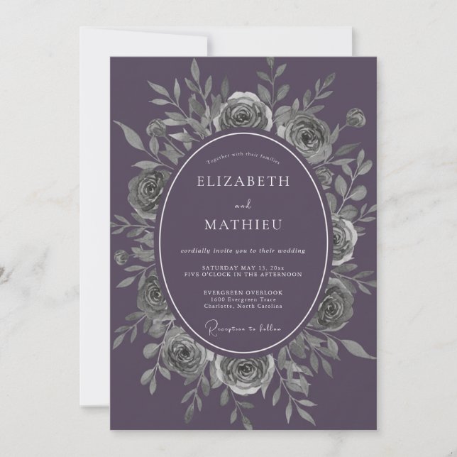 Amethyst-Silber-Laub-Hochzeit Einladung (Vorderseite)