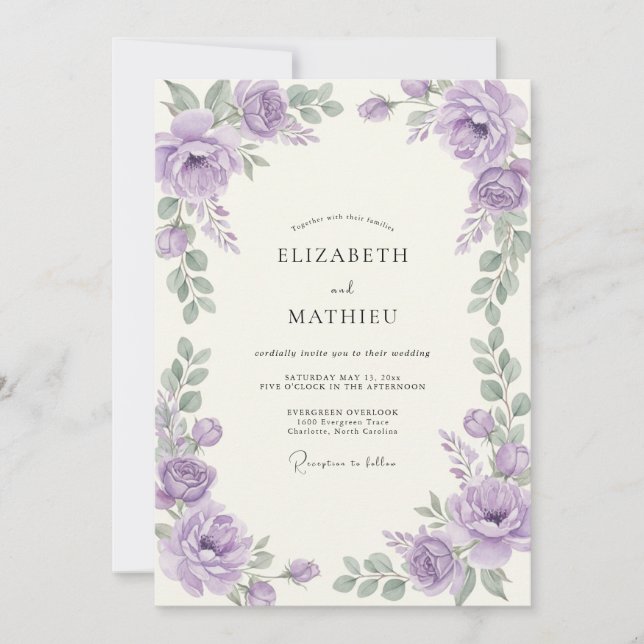 Amethyst-Silber-Ranunculus-Eukalyptus-Hochzeit Einladung (Vorderseite)