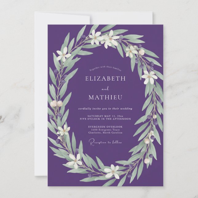 Amethyst Silberlaub Eukalyptus-Hochzeit Einladung (Vorderseite)