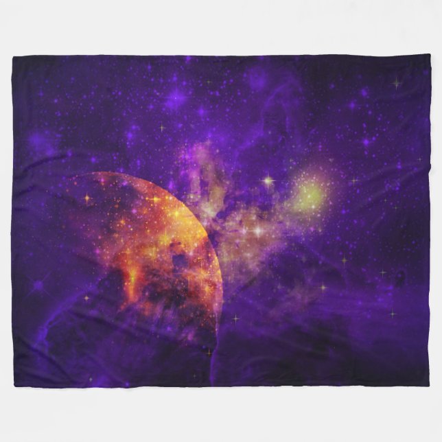 Amethyst Sky, Golden Planet n Nebula Fleece Blanke (Vorderseite (Horizontal))