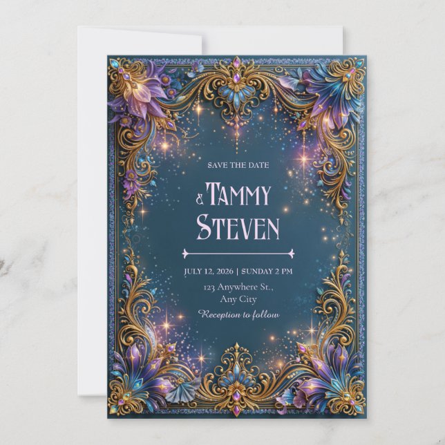 Amethyst Starlight Filigran Hochzeit Einladung (Vorderseite)