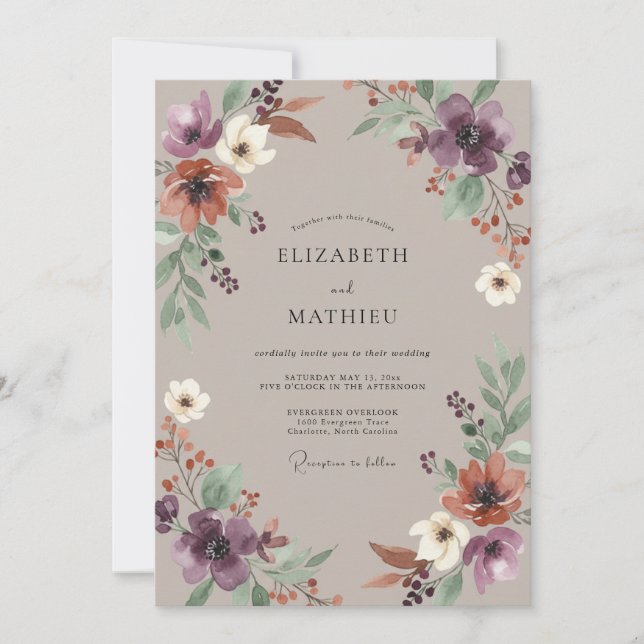 Amethyst-Taupe-Wildflower-Hochzeit Einladung (Vorderseite)