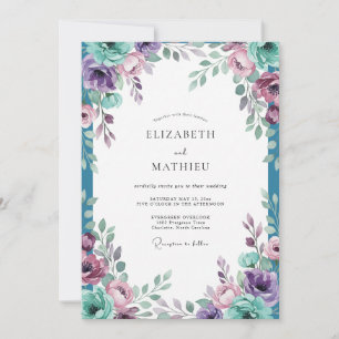 Amethyst Türkis Blüten Hochzeit Einladung