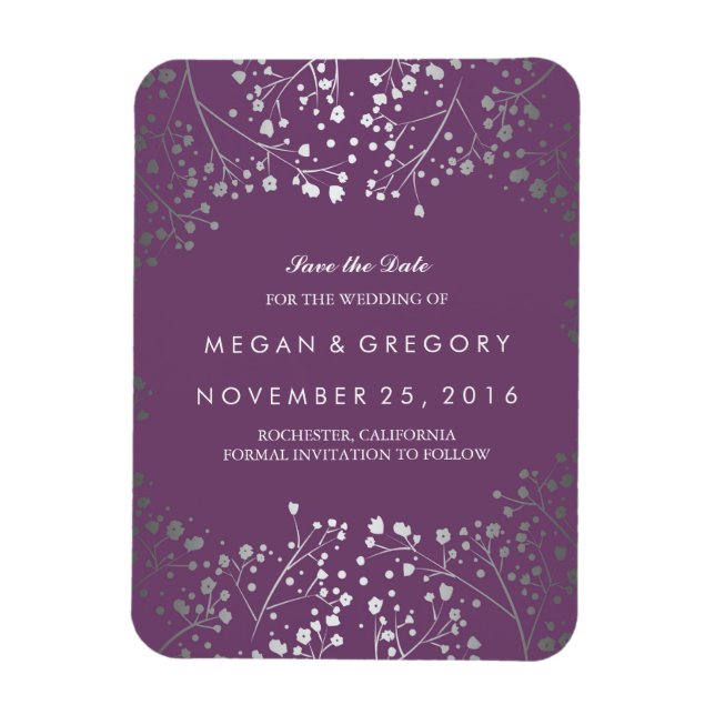 Amethyst und Silber Gipskraut Save the Date Magnet (Vertikal)