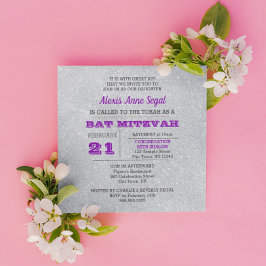 Amethyst und Silberer Glitzer Glam Bat Mitzvah Einladung