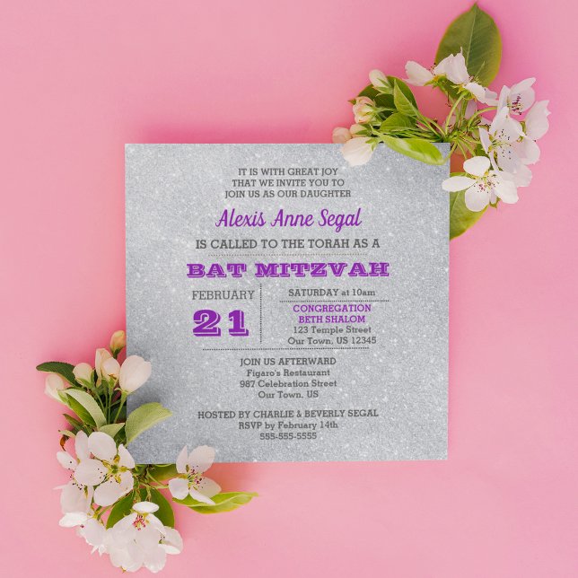Amethyst und Silberer Glitzer Glam Bat Mitzvah Einladung (Von Creator hochgeladen)