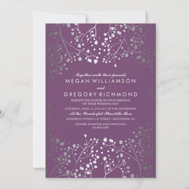 Amethyst und Silver Gipskraut Wedding Einladung (Vorderseite)