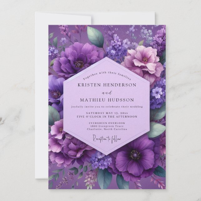 Amethyst Üppige Florale Hochzeit Einladung (Vorderseite)