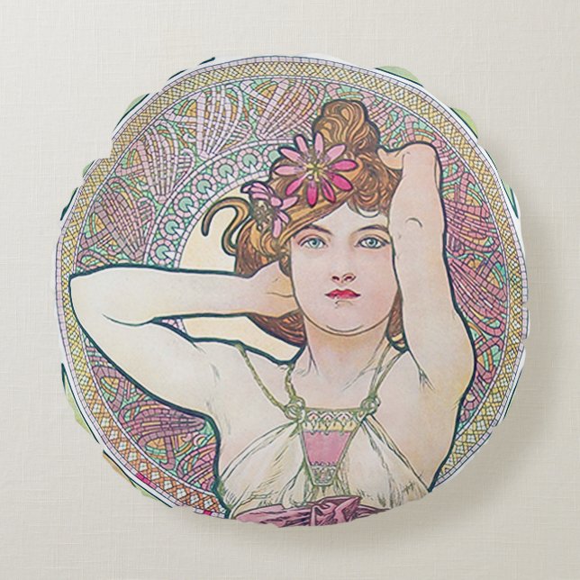 Amethyst (Vier Juwelen), Alphonse Mucha Throw Pill Rundes Kissen (Vorderseite)
